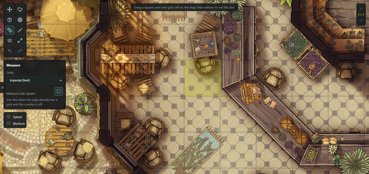 Dragging a dashed square over one printed cell of a battlemap to calibrate the grid.