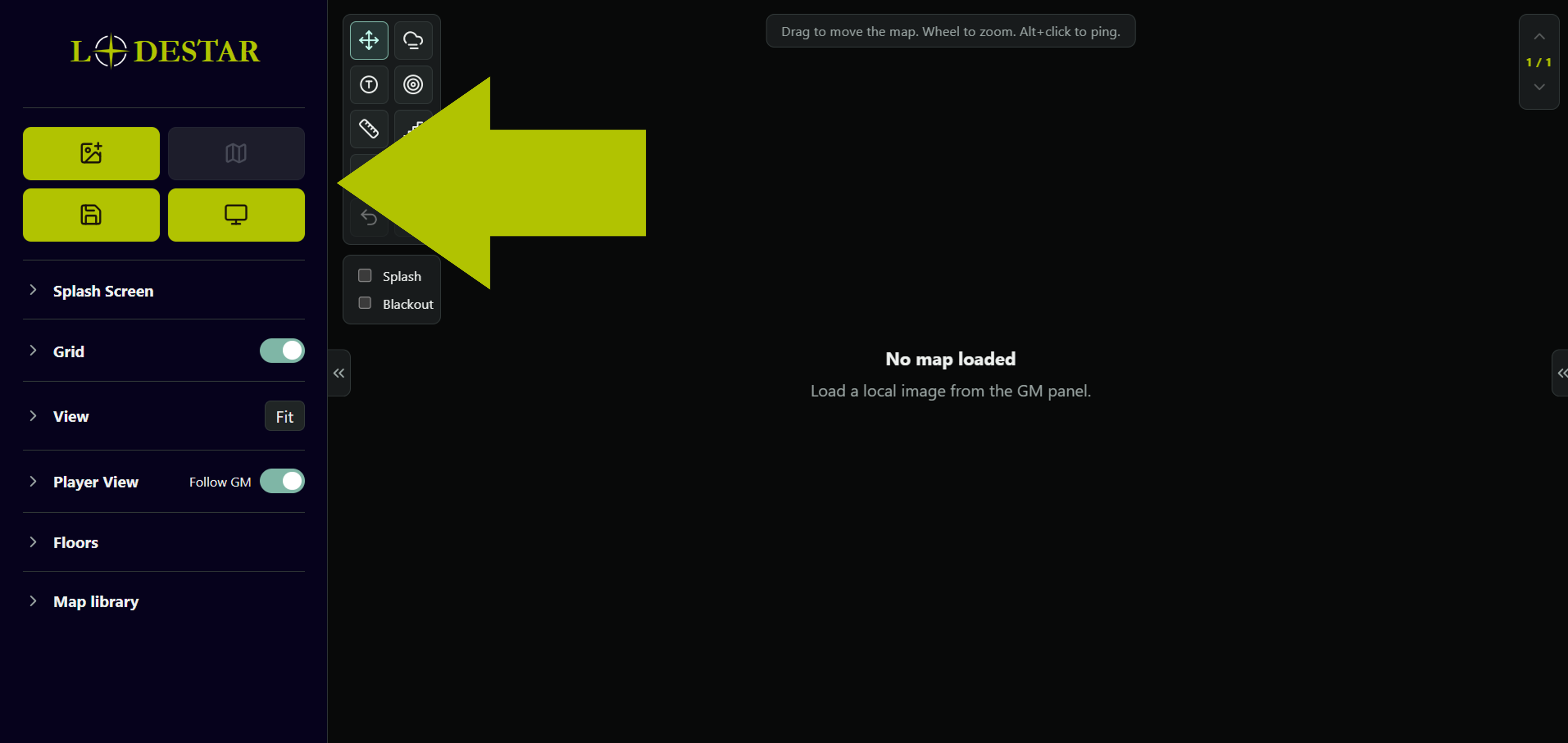 Top of the left control panel showing the Load map, My maps, Save map and Open player display buttons.