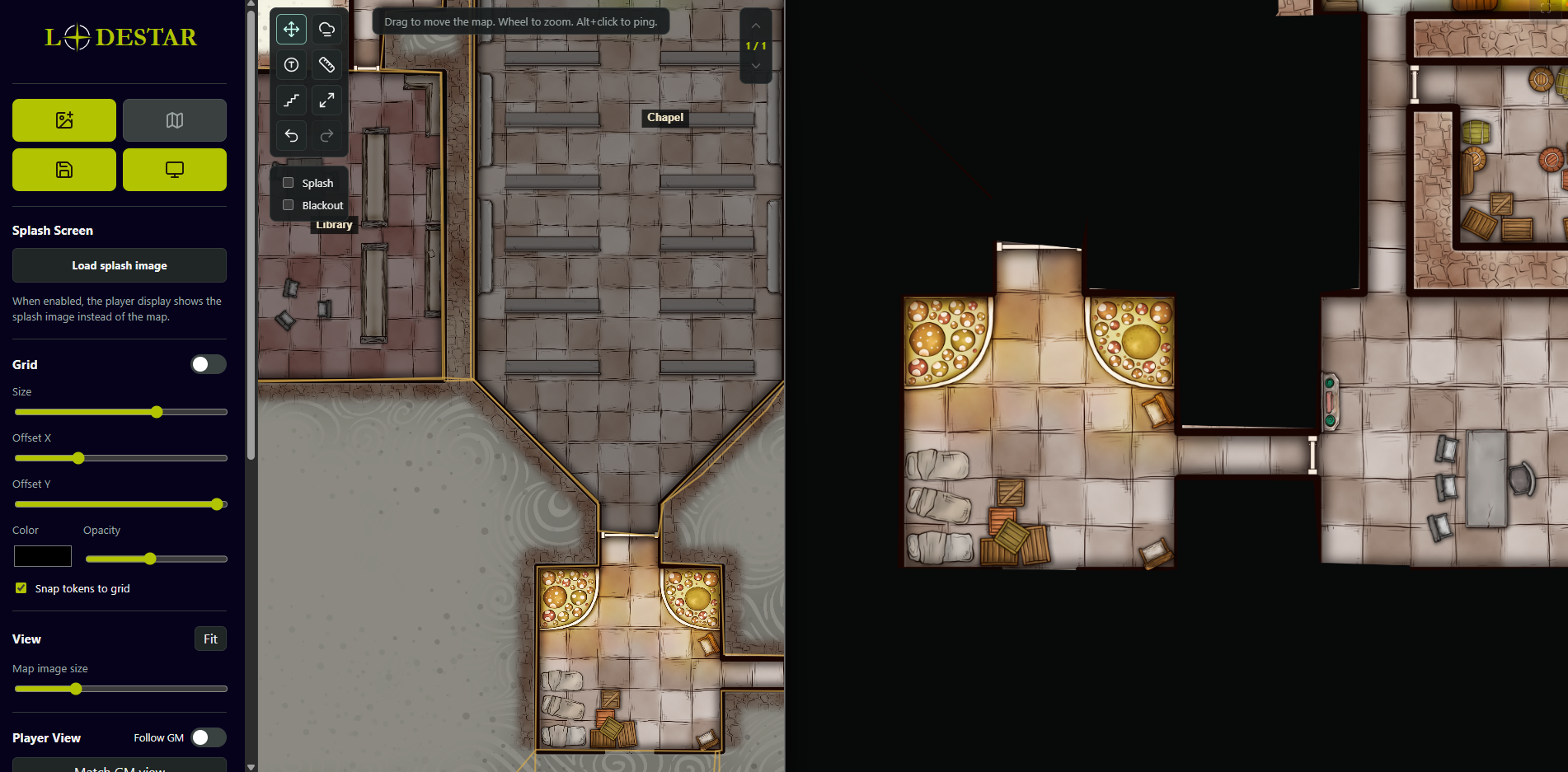 The Lodestar GM screen with the control panel, top toolbar, and a fogged dungeon with named areas (left), casting to the player display (right).